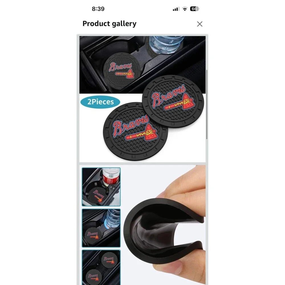 Atlanta Braves (2 pc) Car Cup Holder Mat Pad Silicone Coasters Black 2.75
